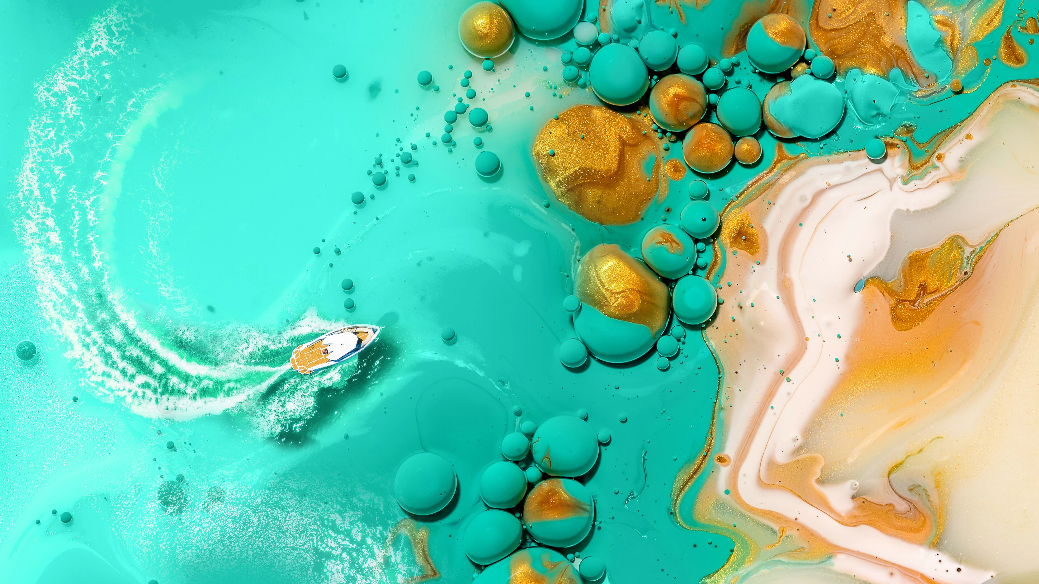 Fantastic Voyage: Aerial view of a ship passing over a canvas.